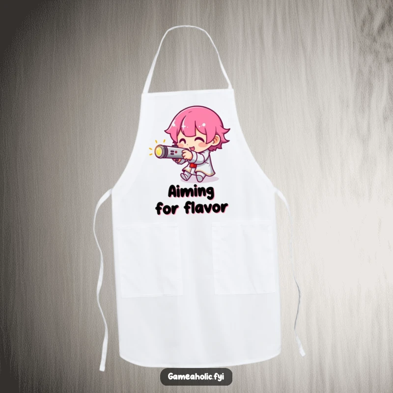 Funny apron featuring a character aiming a tiny, glowing joystick, ready to tackle any kitchen challenge with gamer flair.
