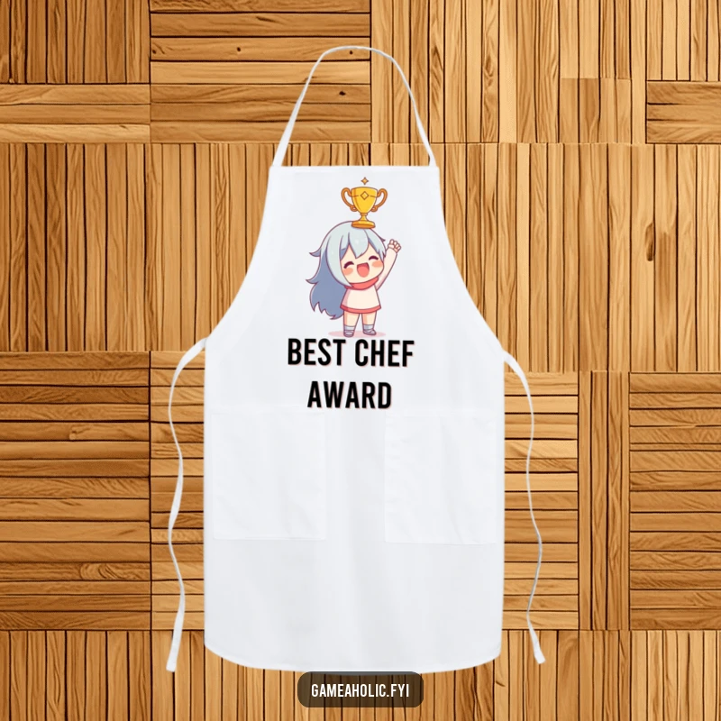 Funny apron featuring a character joyfully holding up a tiny, golden trophy, perfect for celebrating culinary achievements.