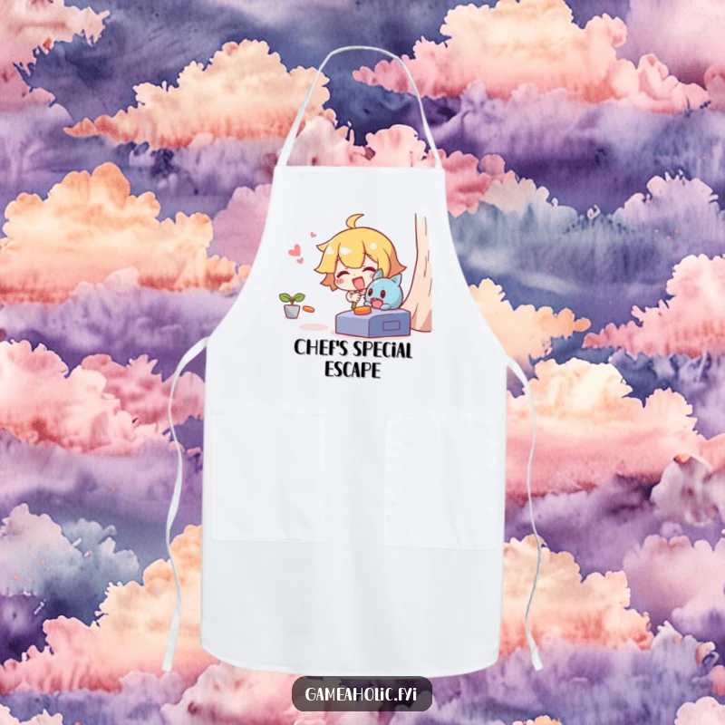Funny apron showing a giggling character in the kitchen trying to catch a mischievous character escaping a game.