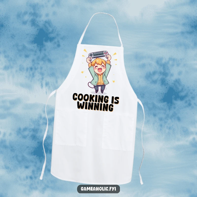 Funny apron with a character excitedly throwing a gamepad in the air with pure joy.