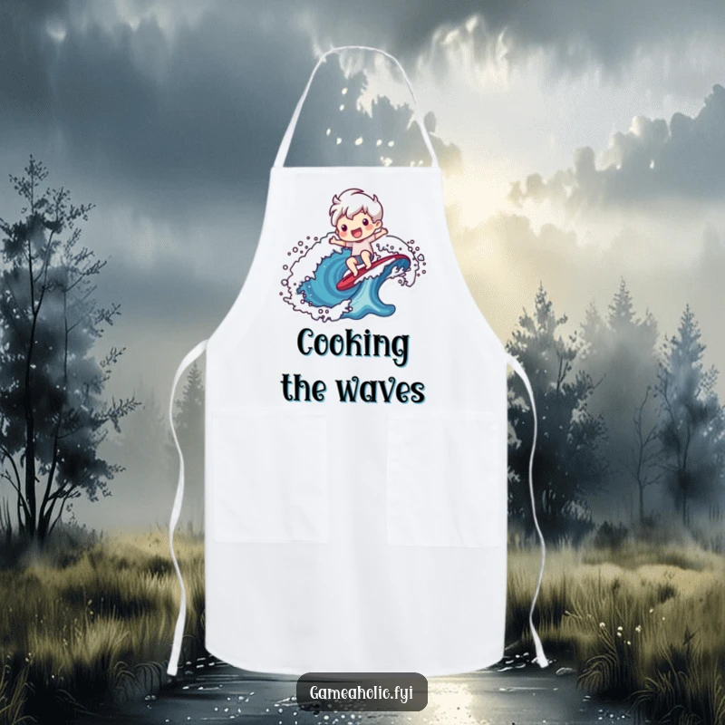Funny apron depicting a cheerful character riding a stylized pixelated wave, ready for kitchen adventures.