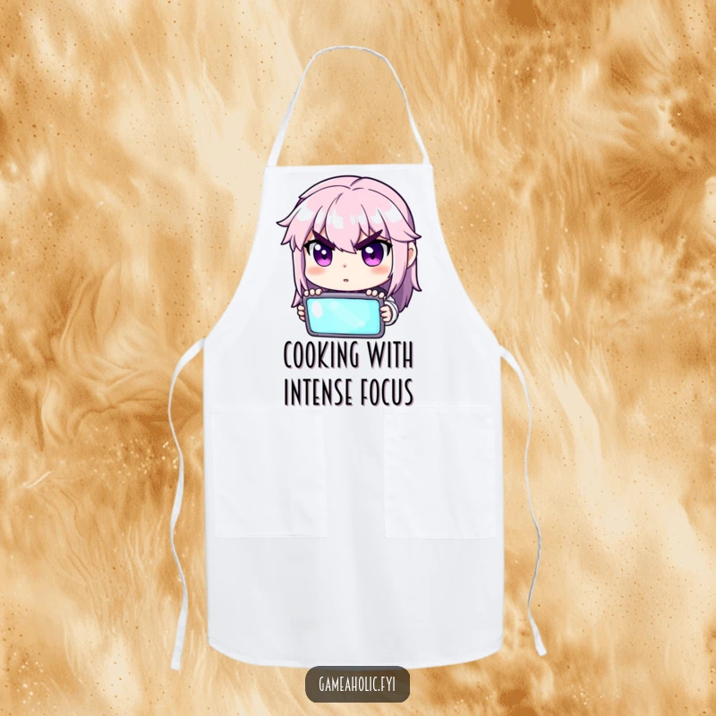 Funny apron featuring a gamer character with determined eyes focused on a glowing screen.