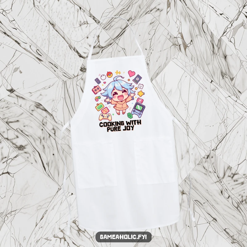 Funny apron showcasing a happy character brimming with excitement, surrounded by game icons, ready for culinary fun.