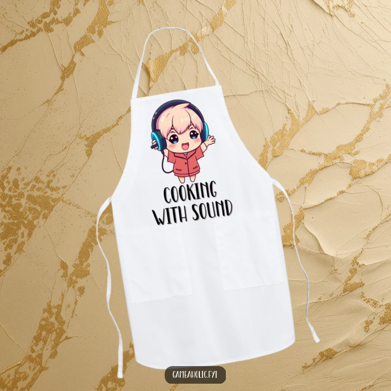 Funny apron design features an enthusiastic gamer character holding up a glowing gaming headset, perfect for gamers who love audio.