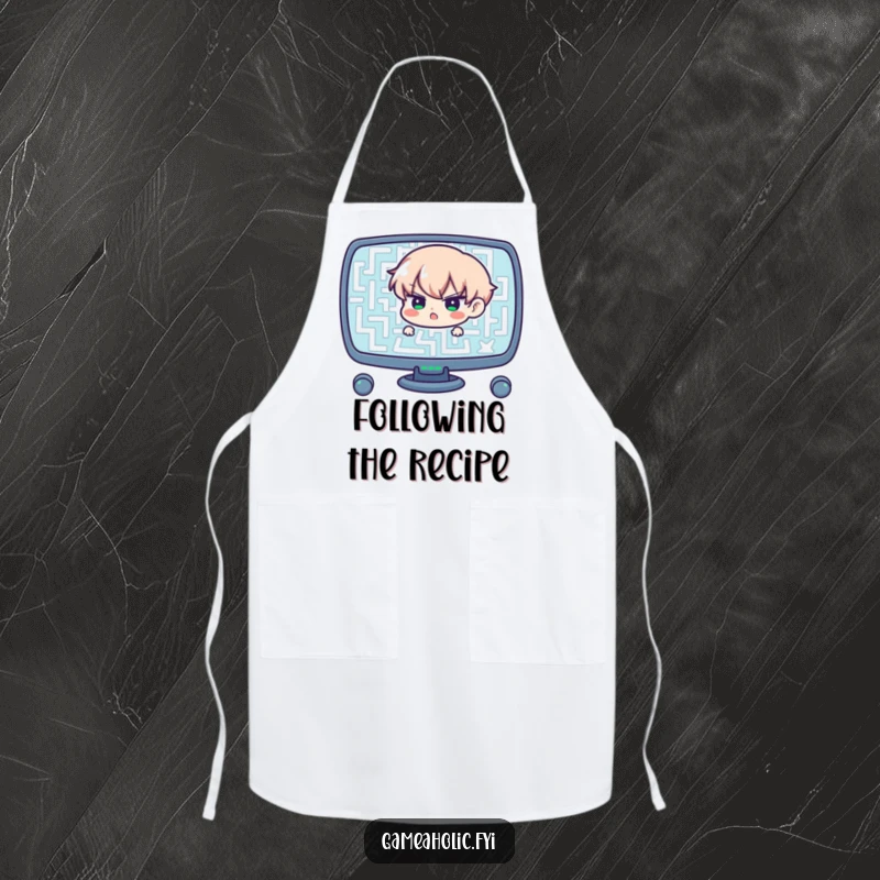 Funny apron featuring a determined character navigating a complex maze on a screen, a humorous and practical gift for kitchen navigators.