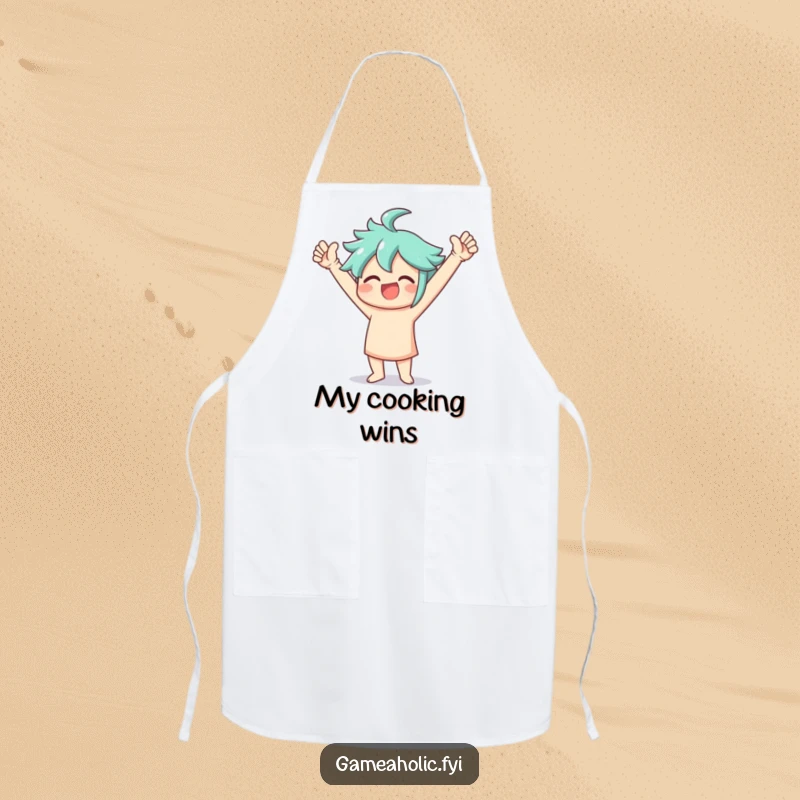 Funny Apron showing a person performing an energetic victory dance with arms raised high, celebrating culinary triumphs.