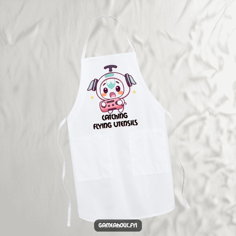 Funny apron featuring a character with a surprised expression catching a flying game controller, adding a playful twist to cooking.