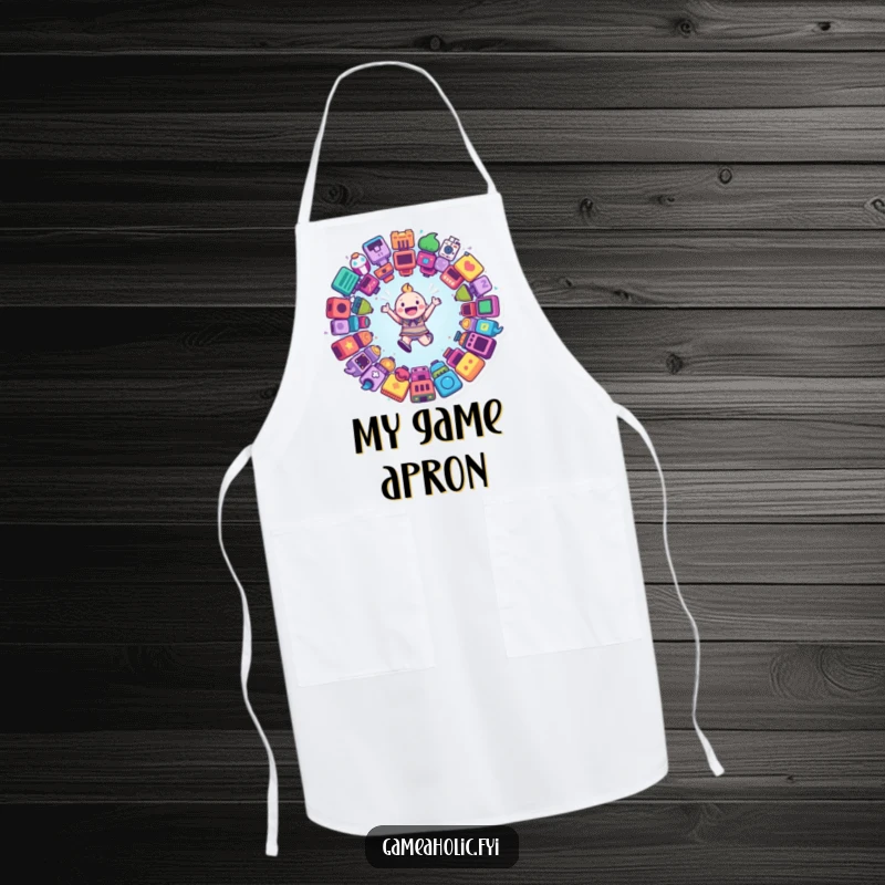 Funny apron with a happy character leaping into a portal of game icons, celebrating the fusion of cooking and gaming.