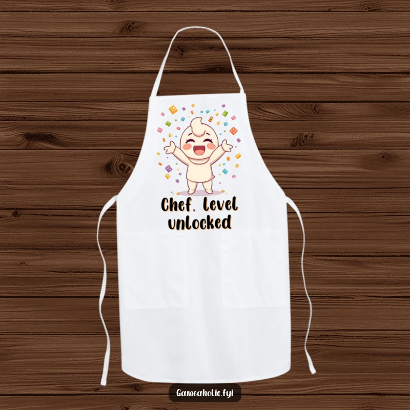 Funny apron showing a happy character throwing confetti made from small video game icons, perhaps while cooking.