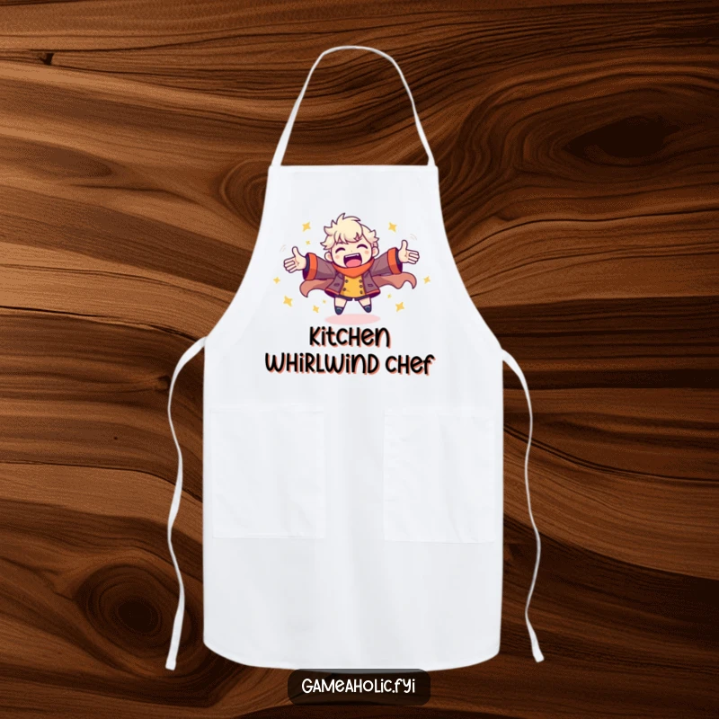 Funny apron with a character spinning joyfully with arms outstretched, perfect for kitchen fun and gaming vibes.