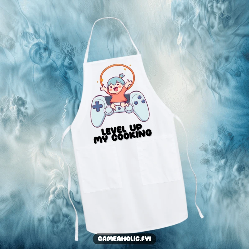 Funny Apron depicting a character leaping through a controller hoop, ideal for protecting clothes with gamer humor while cooking or gaming.