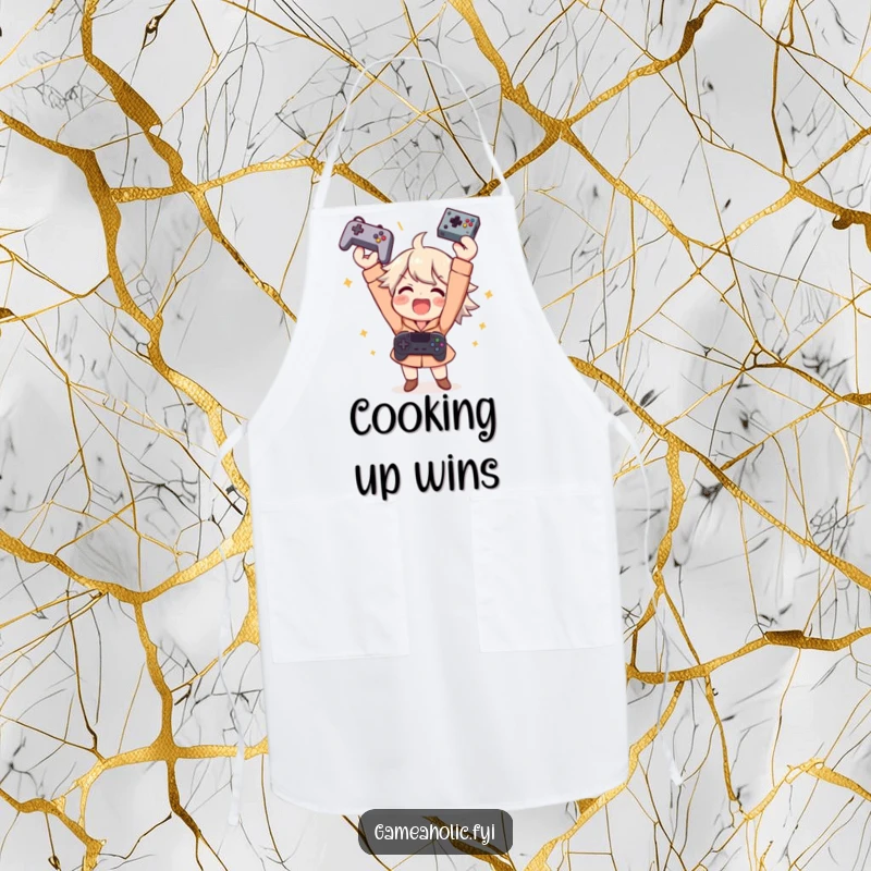 Funny apron design features an excited gamer character throwing a controller in the air, celebrating victory with a wide smile.