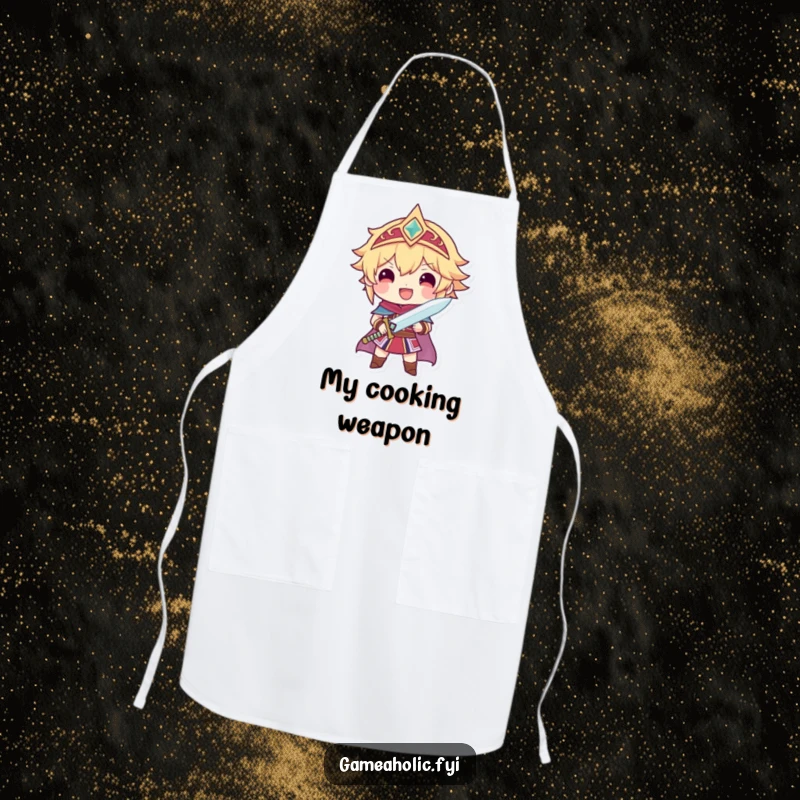 Funny apron featuring a proud character holding a tiny, sparkling sword, adding a heroic touch to cooking.