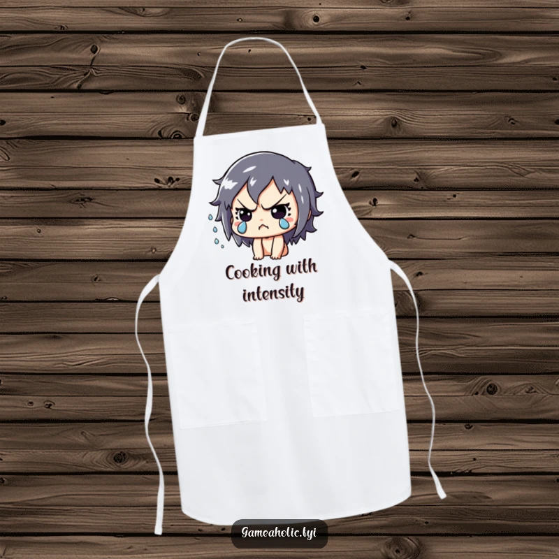 Funny Apron: Playful character intensely focused, sweat flying, while wearing an apron, ready for kitchen challenges.