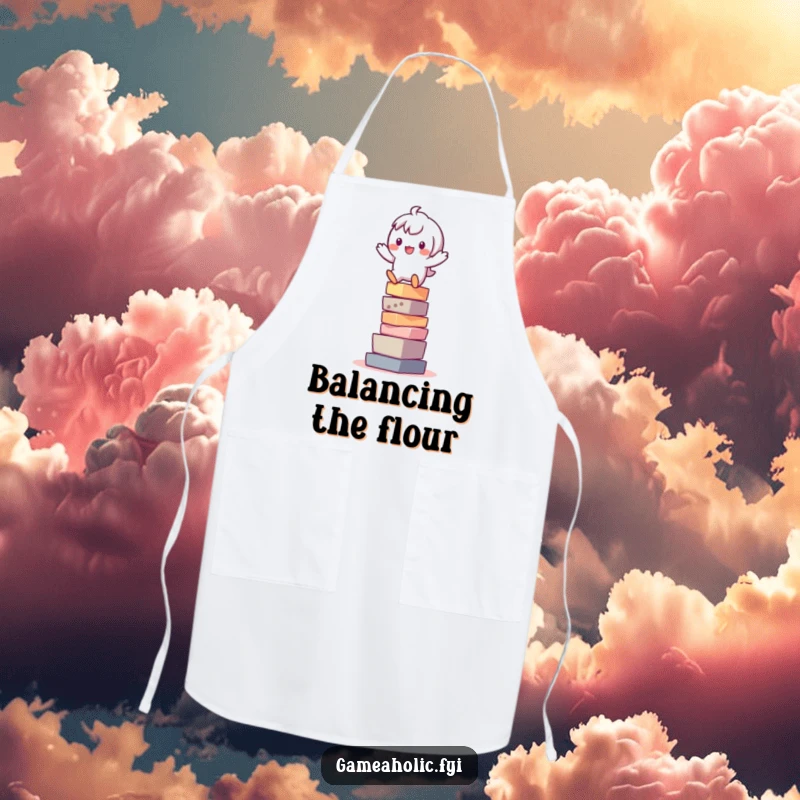 Funny apron with a playful character balancing on a stack of pixels, blending kitchen fun with digital flair.