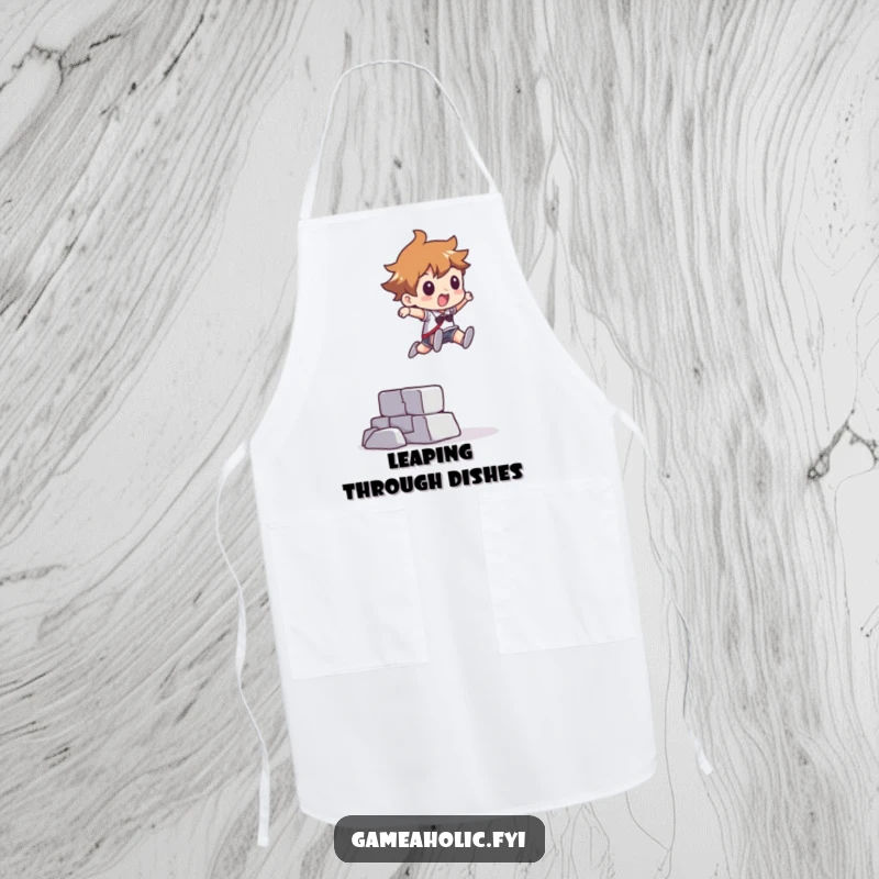Funny apron showing a character leaping over a pixelated obstacle, a fun and practical kitchen accessory with an abstract design.