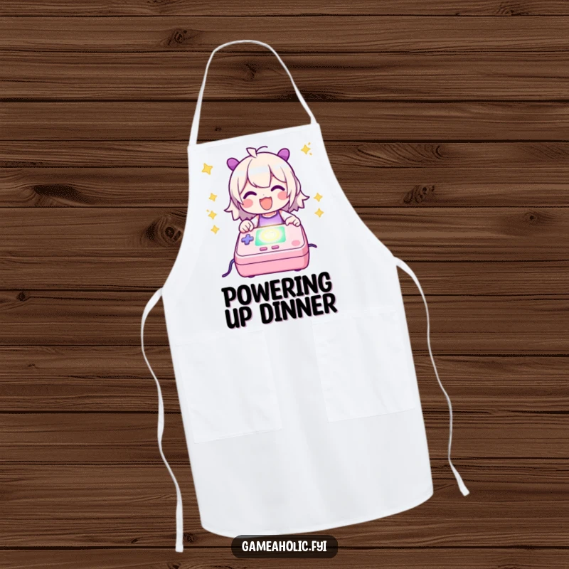 Funny Apron depicting a character happily powering up a glowing game console, ideal for kitchen protection with gamer humor.