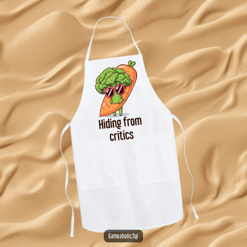 Funny apron with a shy broccoli stalk in sunglasses, peeking from behind a carrot, blending kitchen fun with stealth.