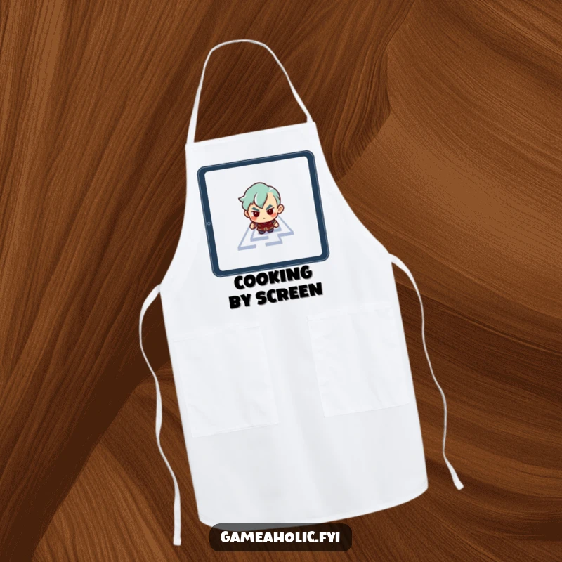 Funny apron depicting a determined character navigating a maze on a tablet screen while cooking.
