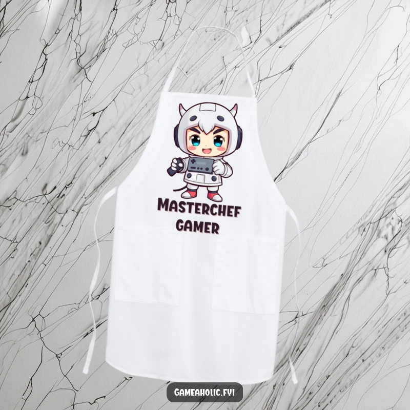 Funny apron showing a proud character in a victorious pose, holding a game controller while cooking.
