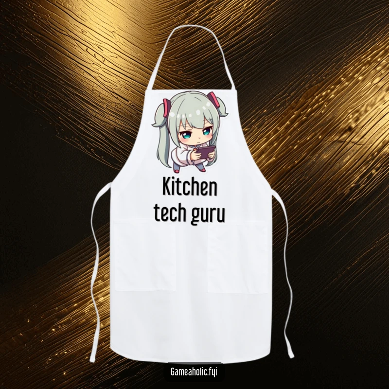 Funny Gamer Apron: An apron featuring a character leaning forward intently, engrossed in a handheld device, ready for kitchen duty.