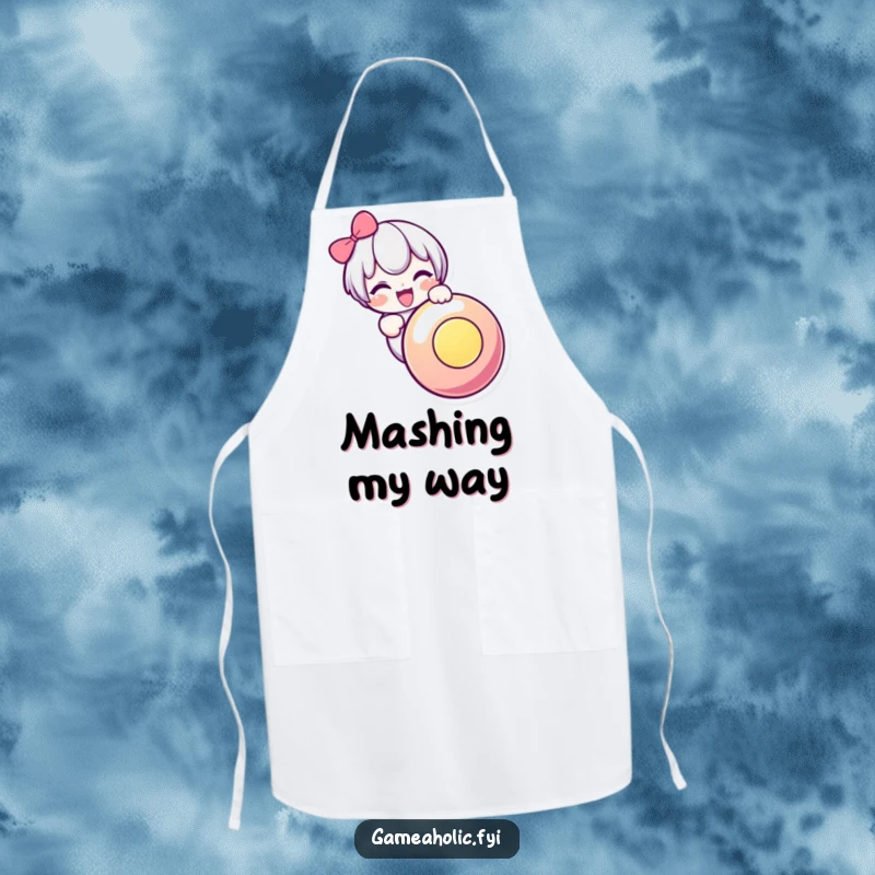 Funny apron with a cute character gleefully pressing a large, luminous button, blending kitchen fun with gamer enthusiasm.