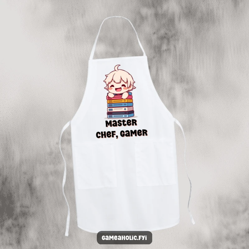 Funny apron showing a character with a grin, balancing a stack of video game cases, perfect for a collector chef.