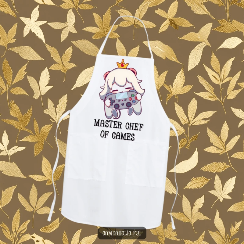Funny apron featuring a character hugging a video game controller, blending cooking and gaming humor.