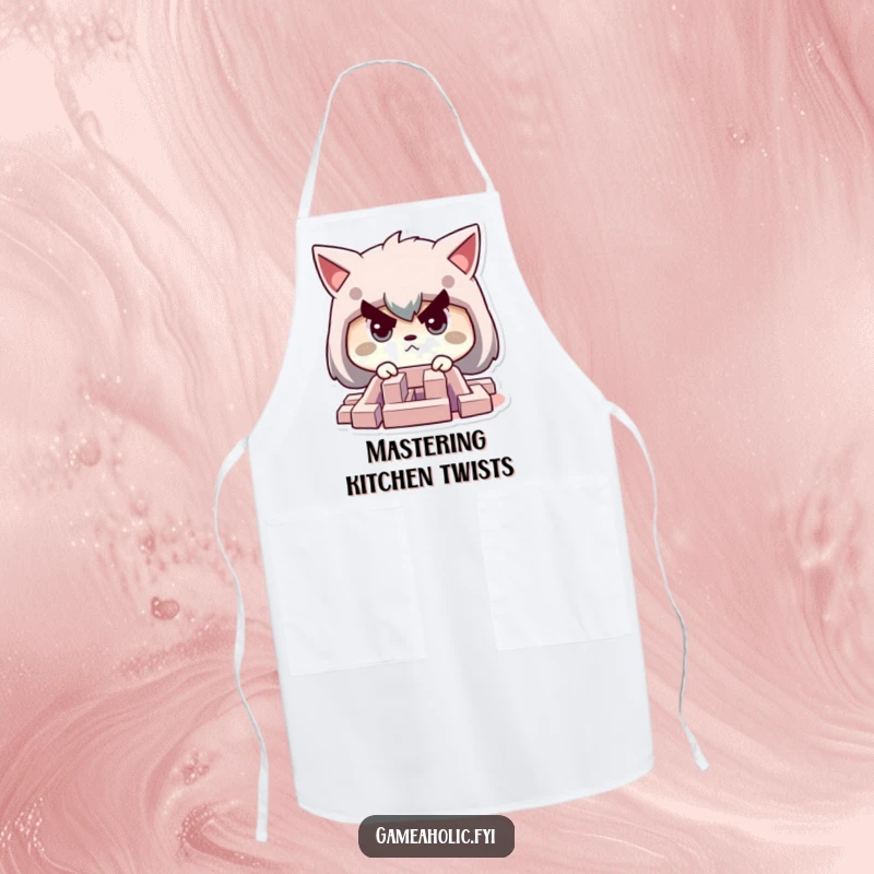 Funny apron featuring a character with a determined face, intently focused on solving a small, intricate maze.