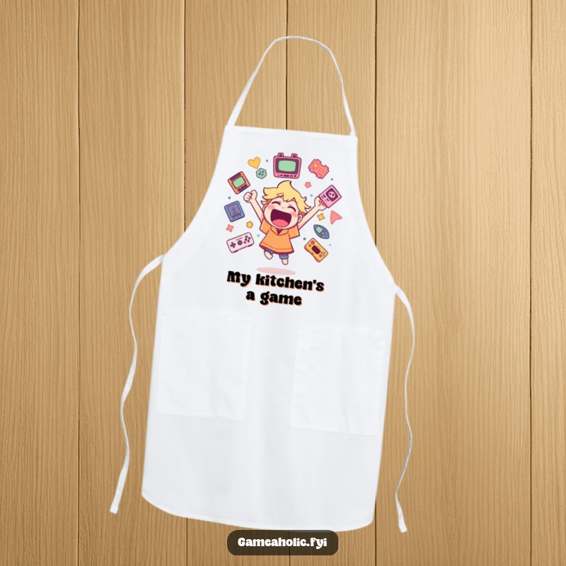 Funny apron featuring a character cheering wildly surrounded by floating game icons, a fun kitchen accessory for gamers.