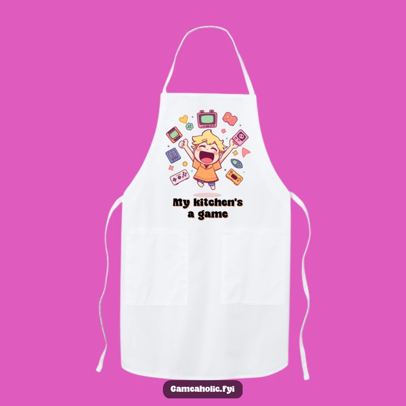 Funny Gamer Apron: Cheerful Character with Game Icons, Ideal for Kitchen Victories