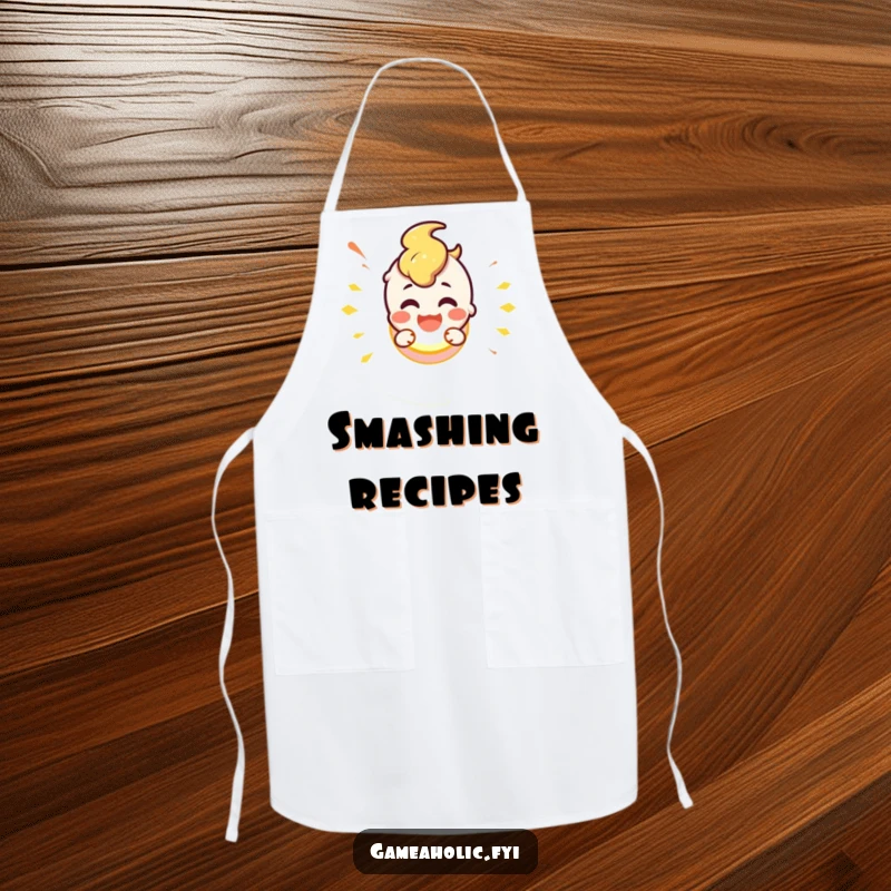Cute character smashing a glowing button, ideal for kitchen or workshop, on a functional apron.