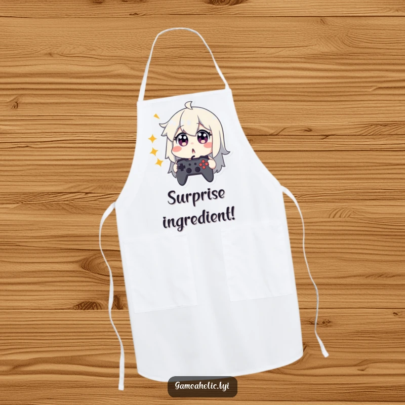 Funny apron with a character looking surprised, eyes wide, clutching a game controller, maybe reacting to burnt food.