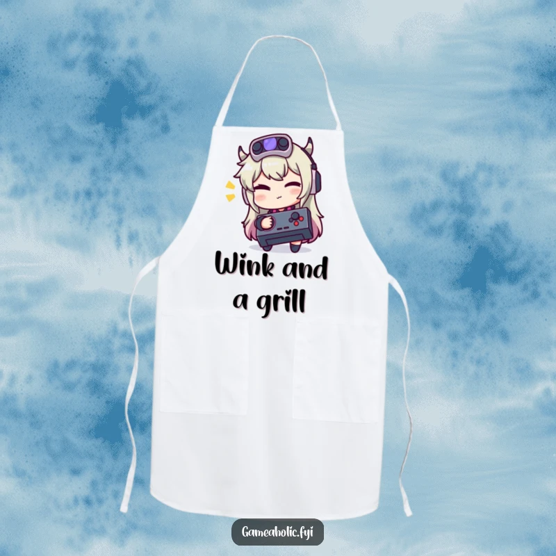 Funny apron featuring a gamer character winking playfully while holding a joystick.
