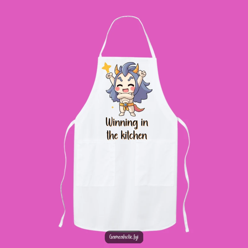 Funny Chef's Win Apron: Triumphant Character Pose for Kitchen Victories