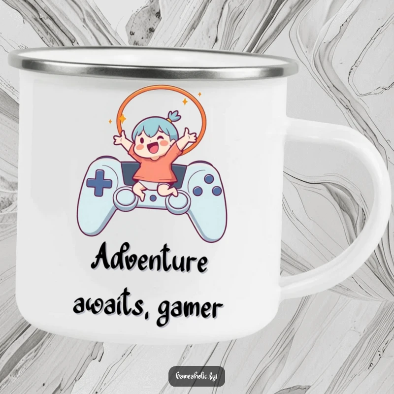 Funny Camping Mug showing a character soaring through a controller hoop, designed for outdoor enthusiasts and gamers who appreciate humor.