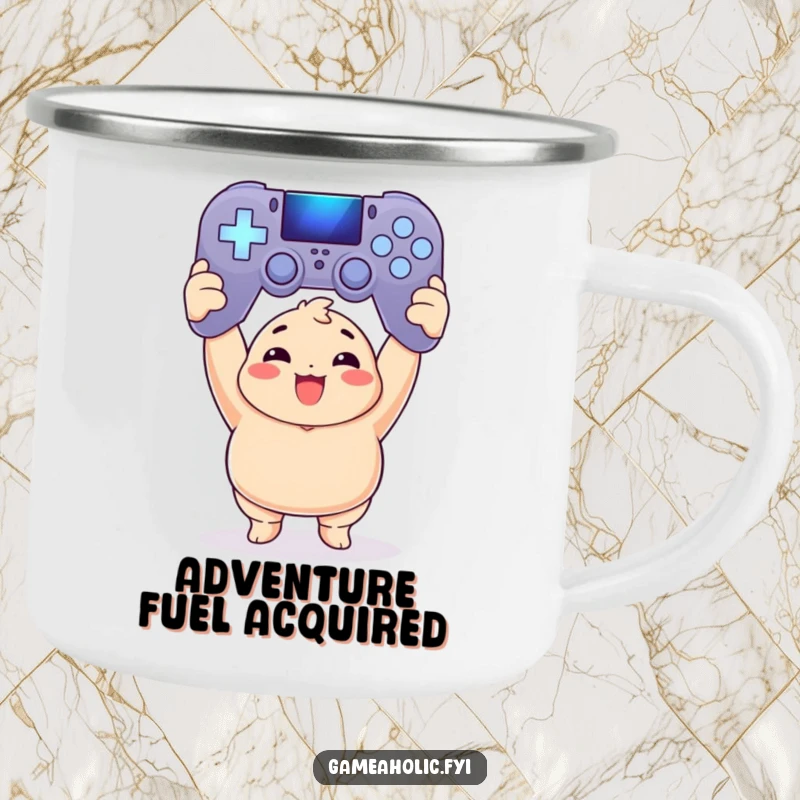 Funny Camping Mug: Chubby gamer victoriously holds a large glowing game controller against an outdoor backdrop.