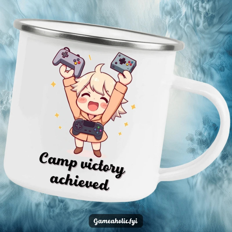 Funny camping mug shows an ecstatic gamer character throwing a controller in the air, celebrating victory with a wide smile.