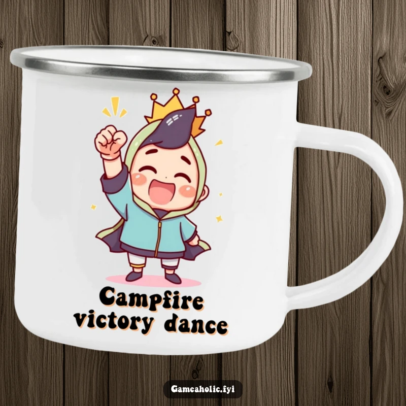 Funny camping mug with a character celebrating a win with a triumphant fist pump, perfect for outdoor celebrations.