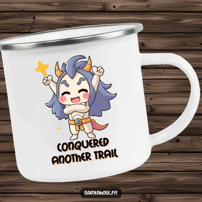 Funny camping mug featuring a character in a triumphant crossed-arm pose, celebrating victory during outdoor adventures and travels.