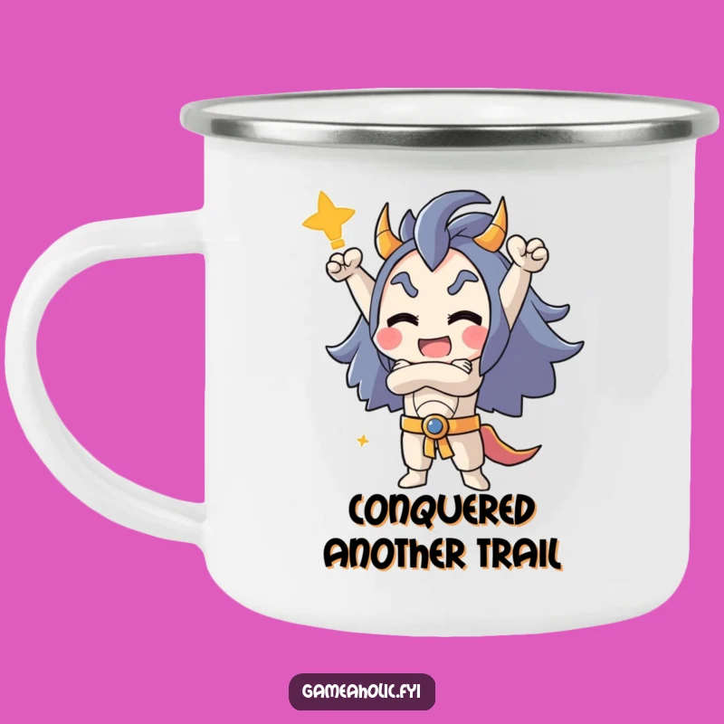 Funny Victory Camping Mug: Triumphant Character Pose for Outdoor Wins