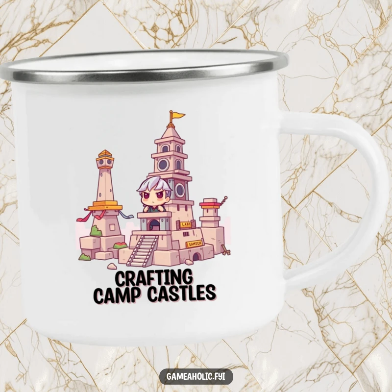 Funny Camping Mug: Gamer intensely concentrating, building a tower in a game, perfect for outdoor adventures and gaming, a funny gift.