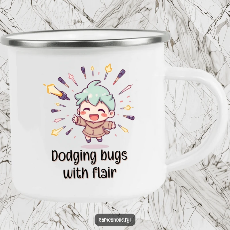 Funny camping mug with a character grinning while dodging digital projectiles, a humorous and rugged gift for outdoor gaming fans.