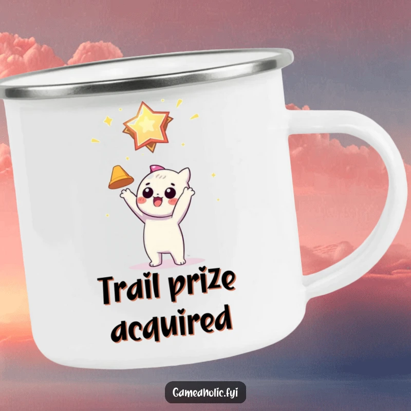 Funny camping mug with a character eagerly reaching for a shiny, floating virtual award, perfect for outdoor motivation.