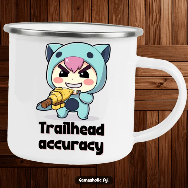 Funny archer camping mug featuring a determined character aiming a miniature pixelated target, perfect for focused outdoor activities.