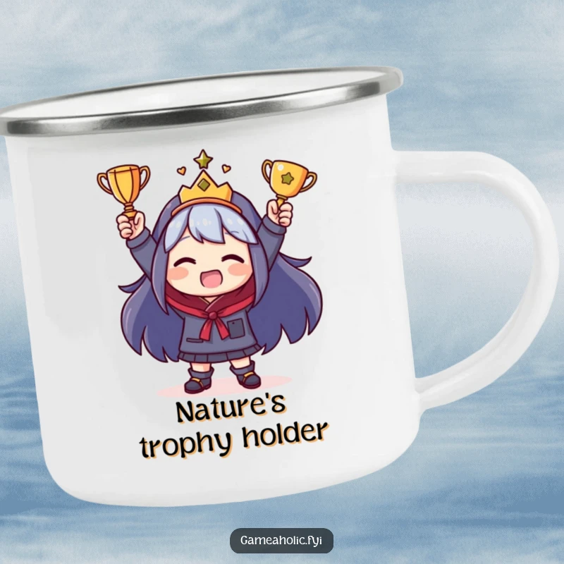 Funny Camping Mug showing a triumphant character with a tiny trophy, perfect for enjoying beverages with a funny camping vibe.