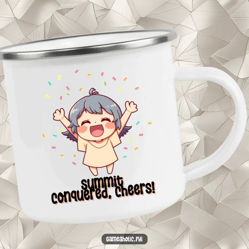 Funny camping mug showcasing a joyful character celebrating a victory with a shower of confetti in an outdoor setting.