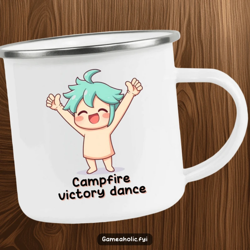 Funny Camping Mug of a person doing a celebratory victory dance with arms raised high, perfect for outdoor winners.