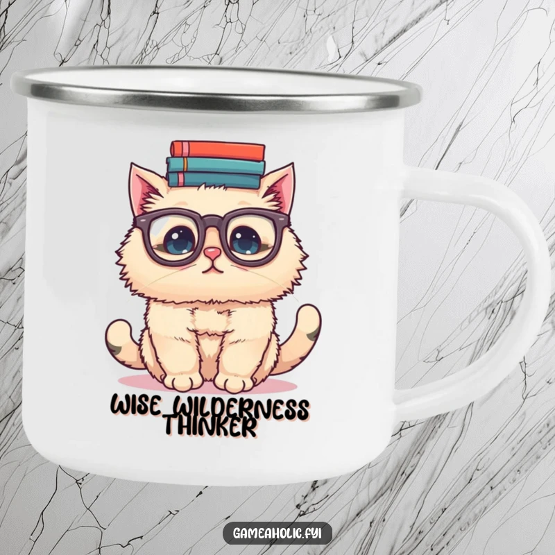 Funny camping mug illustration of a fluffy cat in glasses, balancing a stack of books on its head, ready for the trail.