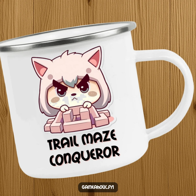 Funny camping mug featuring a character with a determined face, intently focused on navigating a tiny maze.